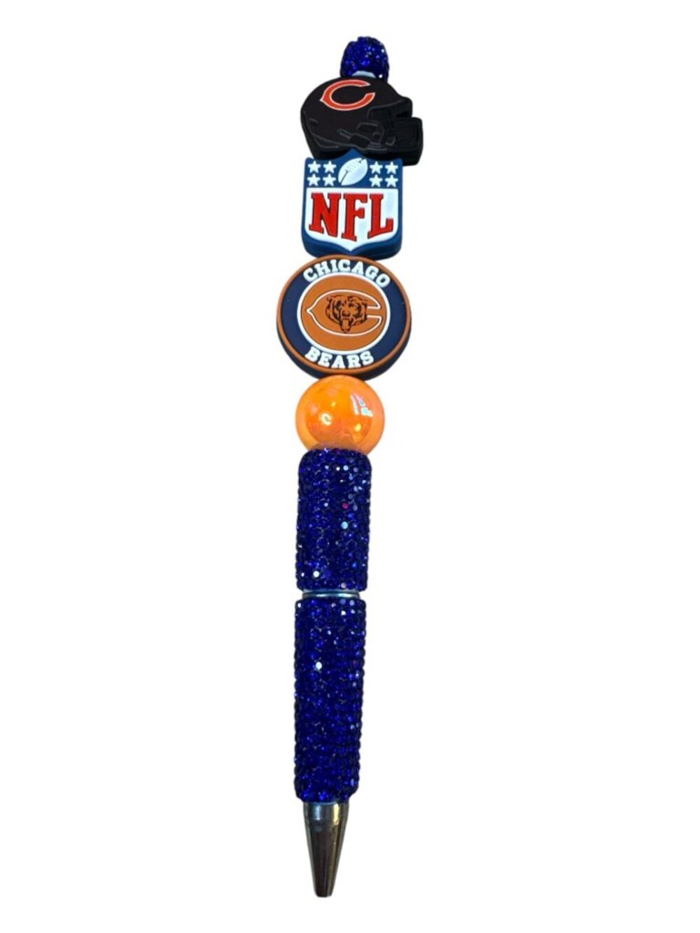 Chicago Bears NFL Beaded Glitter Pen With Team Logos & Blue Rhinestones